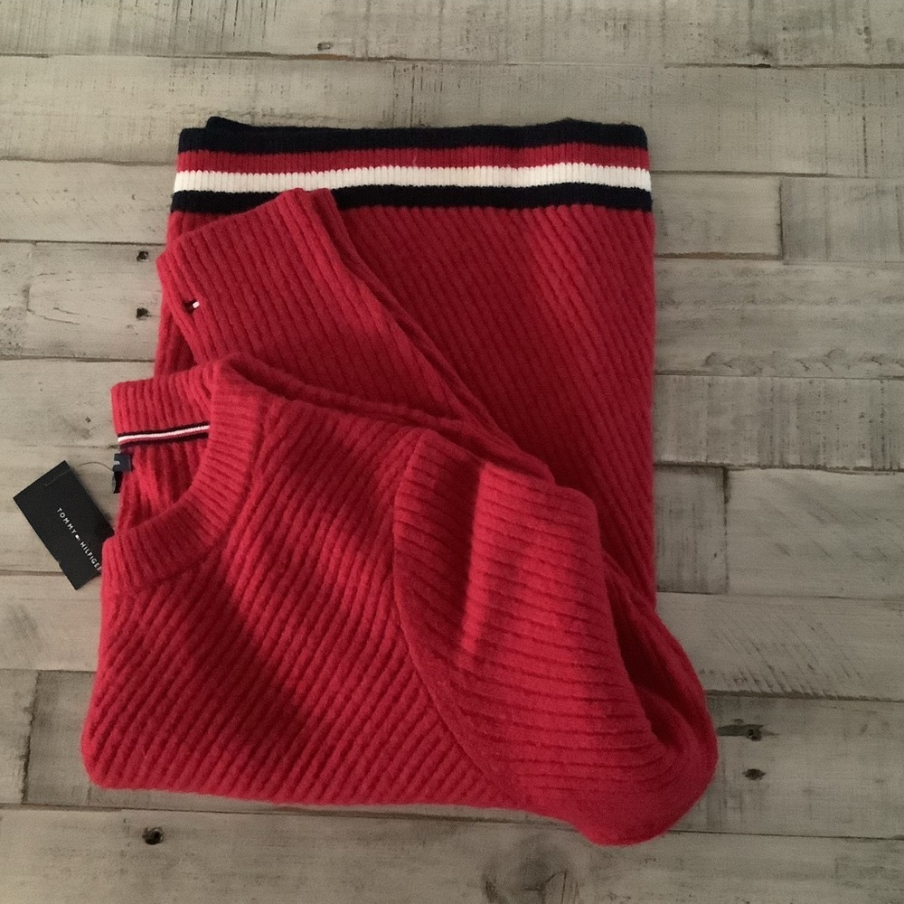 Red Ribbed Sweater with Striped Collar
